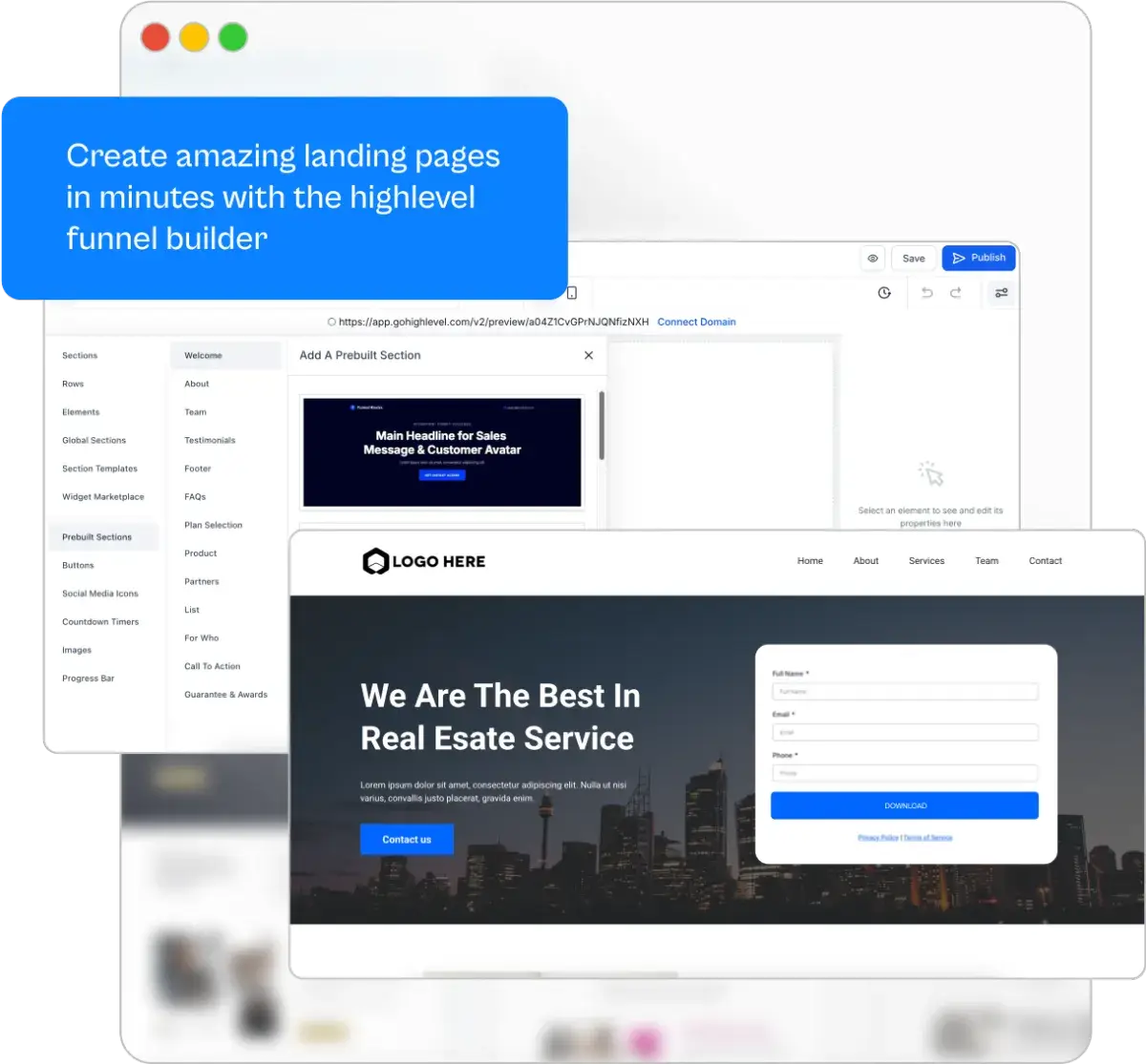 Captureleadsimg | Surge by Thrive Landing page creation interface showcasing highlevel funnel builder features, including customizable sections and real estate service contact form.