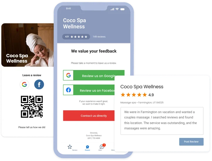 Mobile interface for Coco Spa Wellness displaying review options, a high rating of 4.9 stars from 149 reviews, and a customer testimonial emphasizing excellent service.