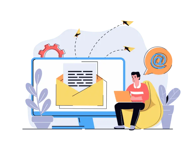 Person sitting on a bean bag using a laptop, with a computer screen displaying an email envelope and document, surrounded by decorative plants and graphic elements representing communication and automation.