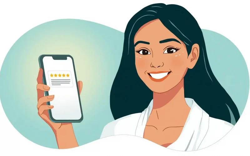 Smiling woman holding a smartphone displaying a five-star rating on screen.