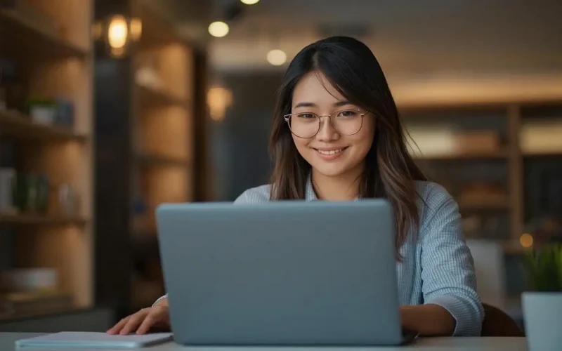 Young woman with glasses smiles while typing on a silver laptop at a cozy cafe.