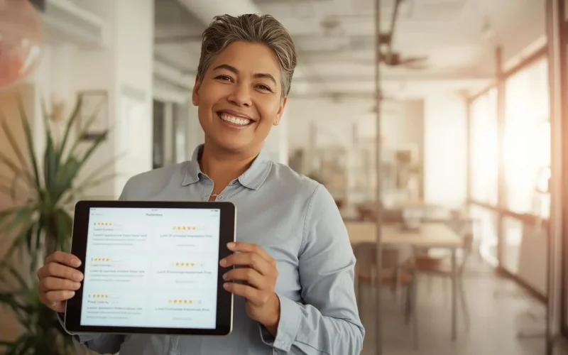 Business owner receiving online reviews