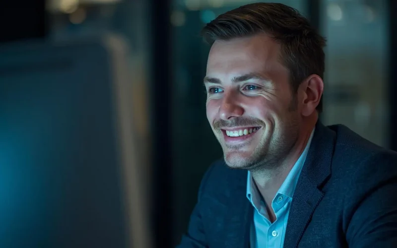 Smiling man in a blue blazer looking at a screen in a modern office setting