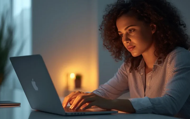 Woman typing on a silver laptop at a desk, warmly lit by a lamp in a dim room.