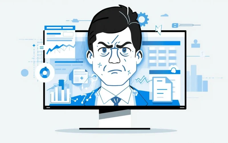 Blue-toned illustration of a stern man on a computer monitor surrounded by charts, graphs, and documents.