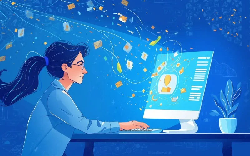 Woman with glasses at a desk typing on a computer as emails and icons swirl from the screen.