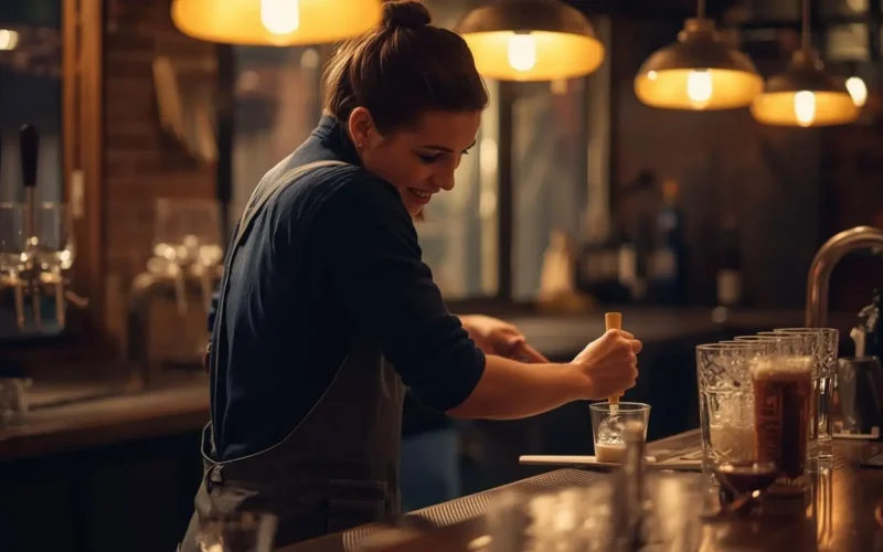 Bartender in a dark shirt and apron stirring a drink at a warmly lit bar counter.