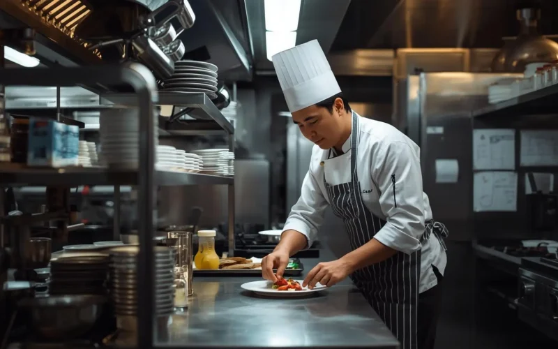 Chef in a white toque and striped apron plating a dish on a stainless steel counter in a professional kitchen.