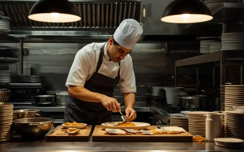 Chef in a white uniform and toque plates a dish at a busy restaurant kitchen counter.