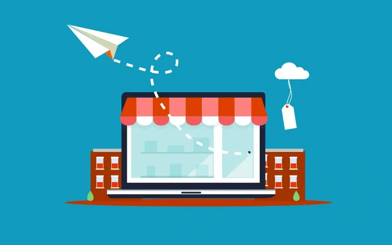 Illustration of a laptop with a storefront design, a paper airplane flying towards a cloud, and a price tag, symbolizing online sales and CRM solutions for business growth.